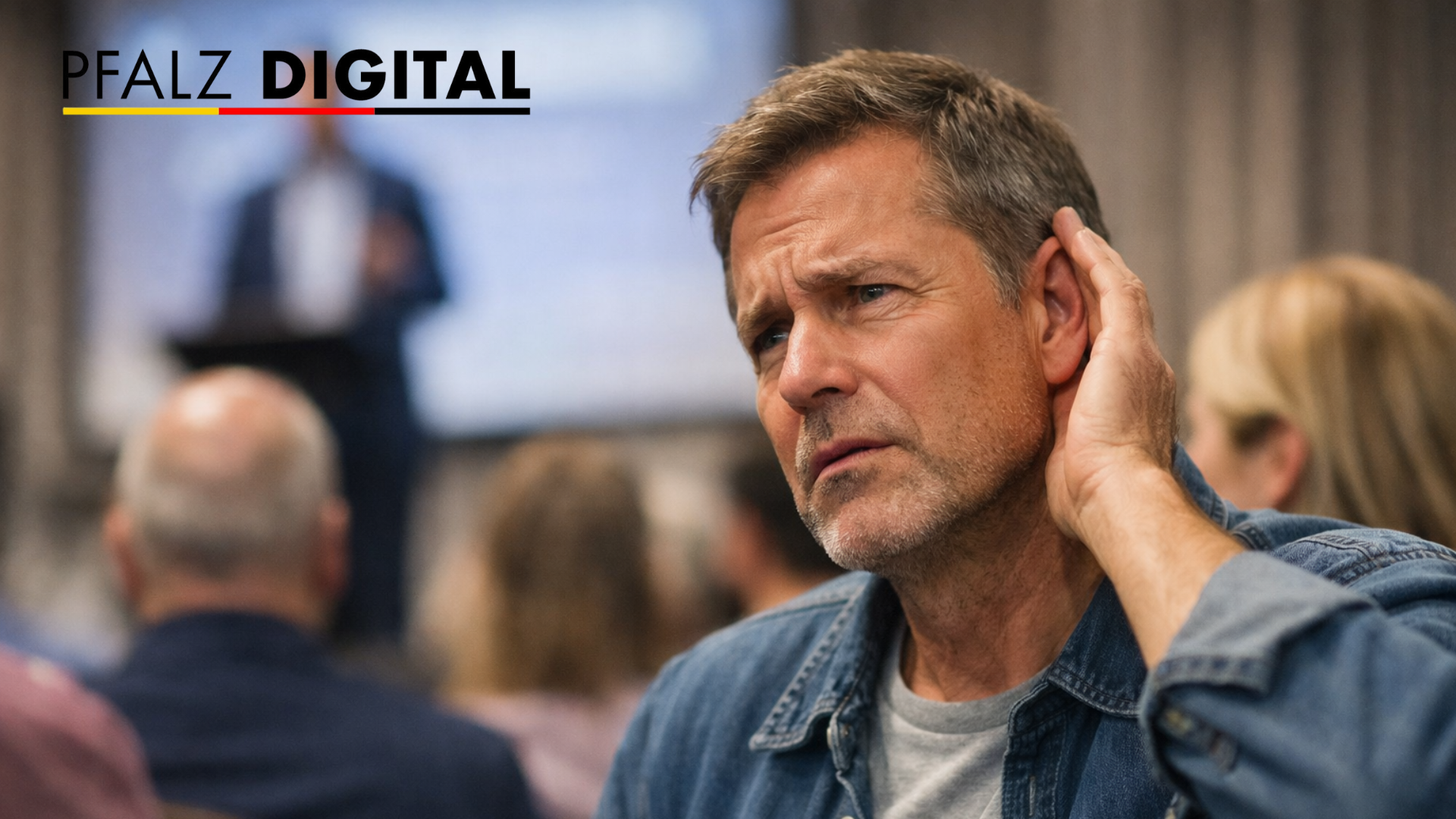 Mann mittleren Alters auf Veranstaltung, wirkt hörgeschädigt – KI-generiertes Bild