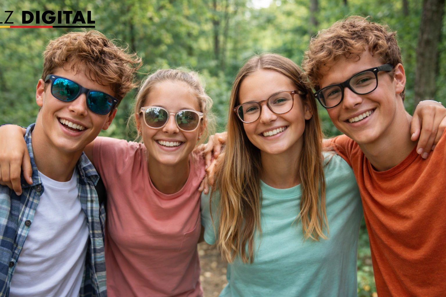 Vier Jugendliche lachen gemeinsam in der Natur während einer Sommerfreizeit – Symbolbild für die Teeniefreizeit 2026 ab Kaiserslautern