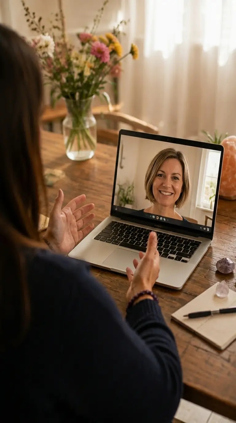 Annette im Gespräch am Laptop mt Frau
