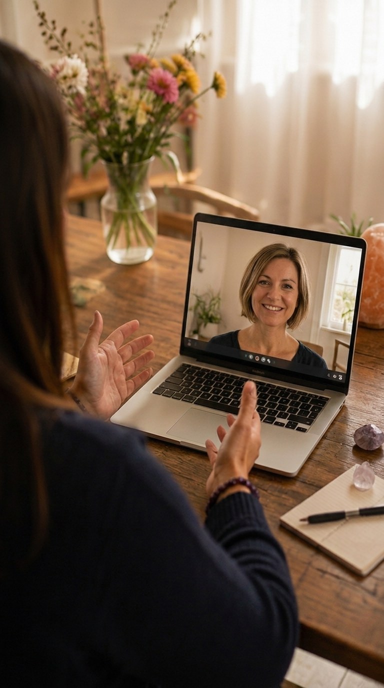 Annette mit Frau am Laptop im Gespräch.Higgfield. png
