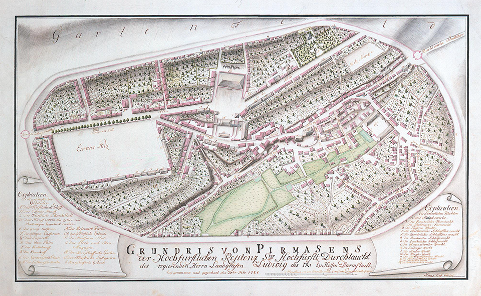 Historischer Stadtplan von Pirmasens aus dem Jahr 1788 mit ovalem Stadtgrundriss