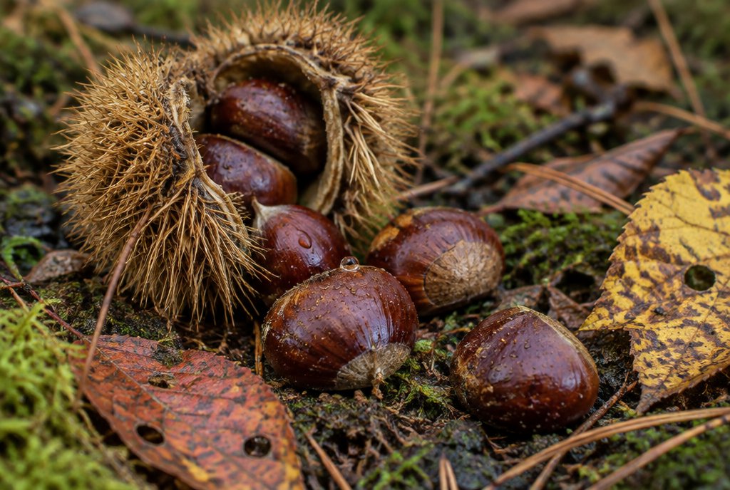 Glänzende Esskastanien in ihrer aufgeplatzten, stacheligen Hülle auf dem Waldboden im Pfälzerwald – KI-generiertes Symbolbild