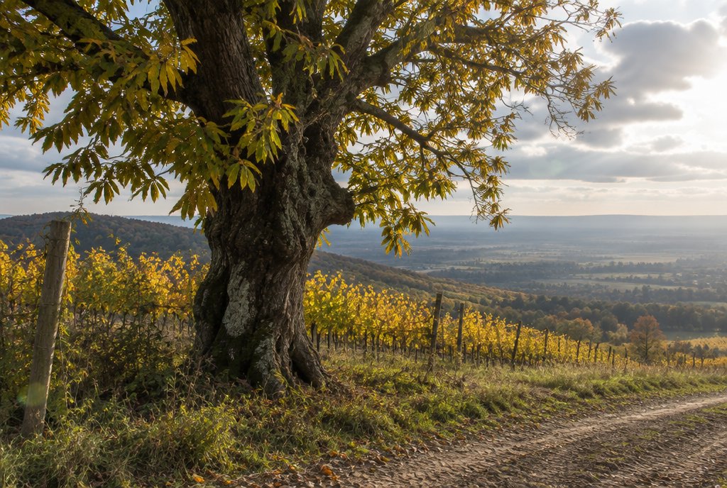 Alte, knorrige Edelkastanie am Rand des Pfälzerwalds mit herbstlichen Weinbergen im Hintergrund – KI-generiertes Symbolbild