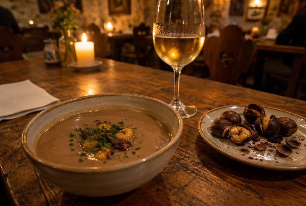 Kastaniensuppe, geröstete Esskastanien und ein Glas Pfälzer Weißwein auf einem Holztisch in einer Weinstube – KI-generiertes Symbolbild