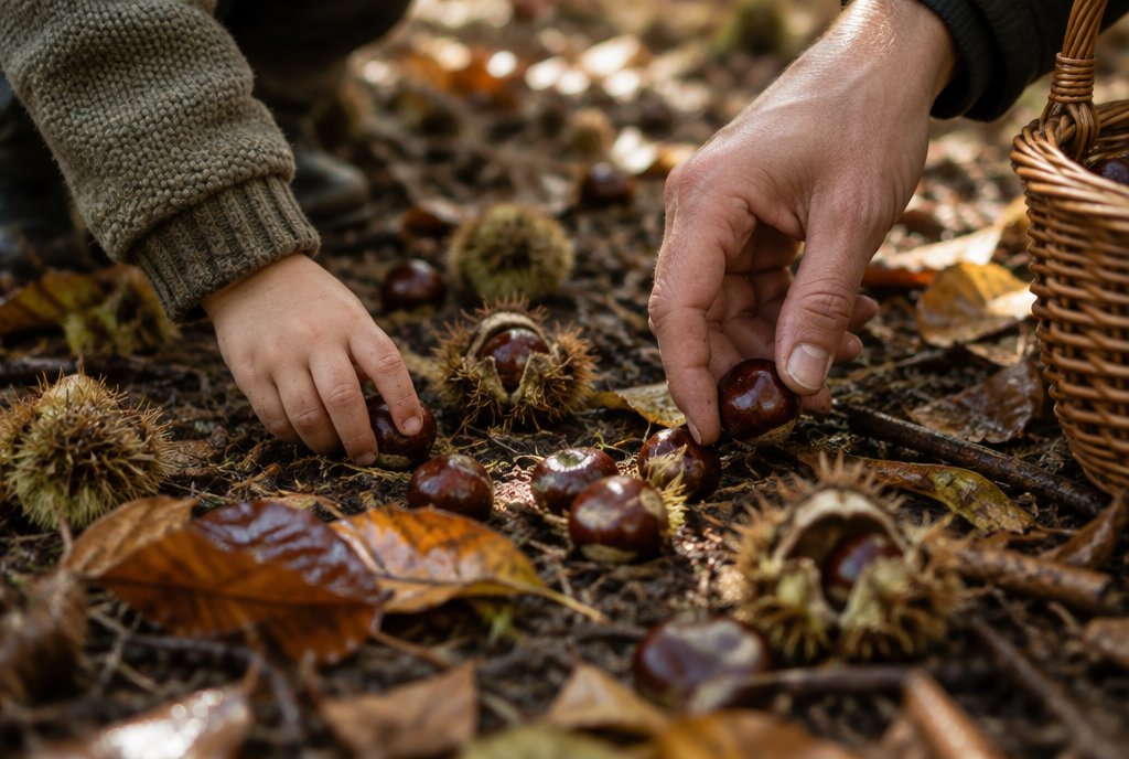 Eine Kinderhand und eine Erwachsenenhand sammeln Esskastanien im herbstlichen Pfälzerwald – KI-generiertes Symbolbild