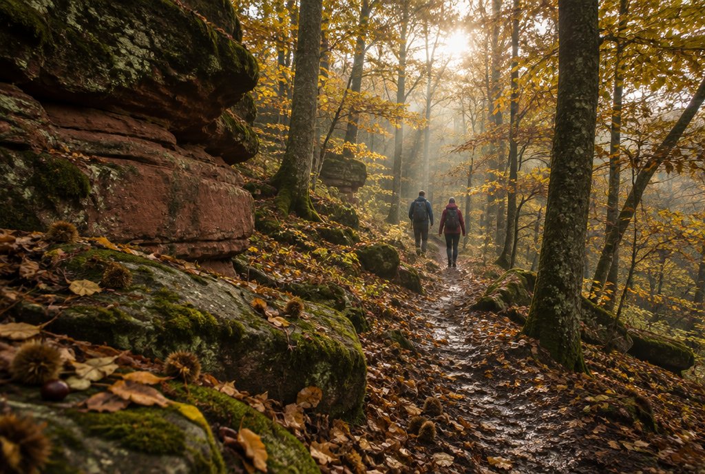 Wanderweg durch einen herbstlichen Kastanienwald mit rotem Sandstein im Pfälzerwald – KI-generiertes Symbolbild