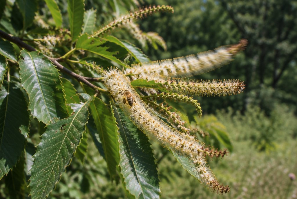 Blühende Edelkastanie im Juni mit langen cremefarbenen Blütenständen – KI-generiertes Symbolbild