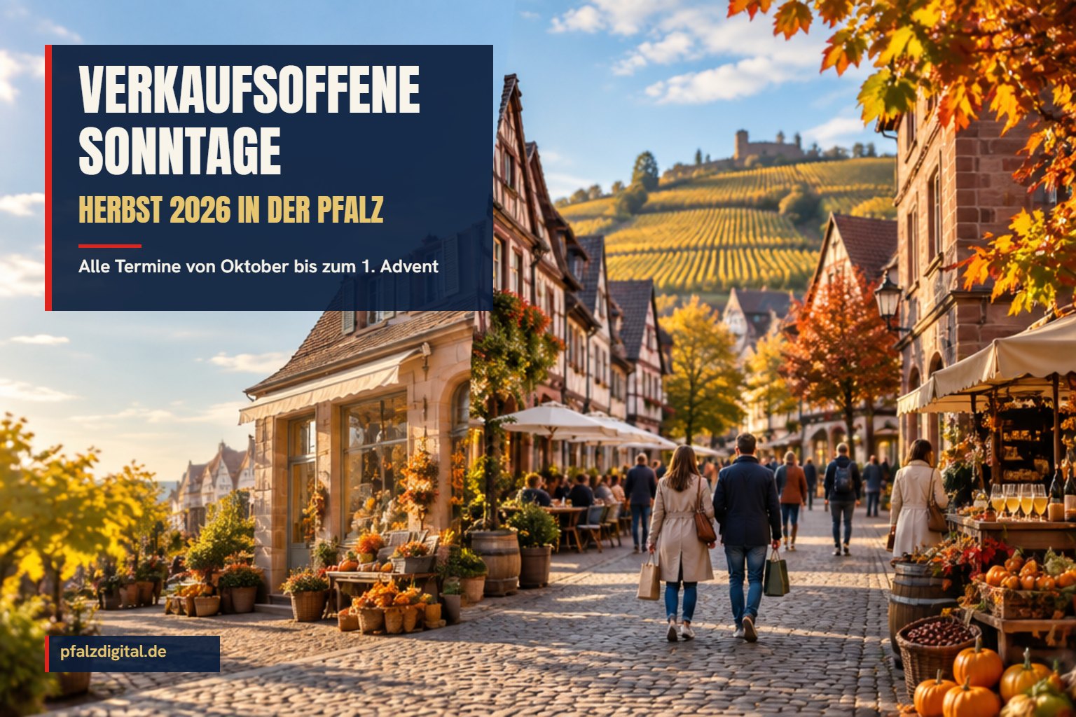 Herbstliche Einkaufsstraße in einer Pfälzer Kleinstadt mit Fachwerkhäusern, Marktständen und Weinbergen – verkaufsoffene Sonntage im Herbst 2026 in der Pfalz