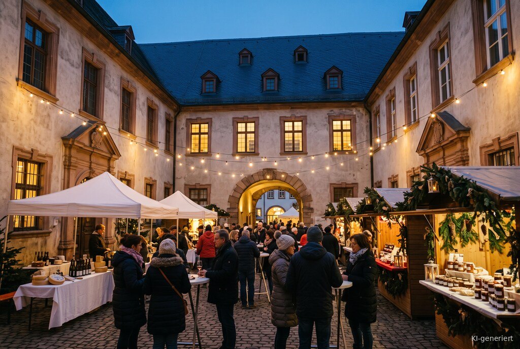 Weihnachtsmarkt-Atmosphäre am Abend – Symbolbild zu Genussmarkt in den historischen Höfen Neustadt 2026