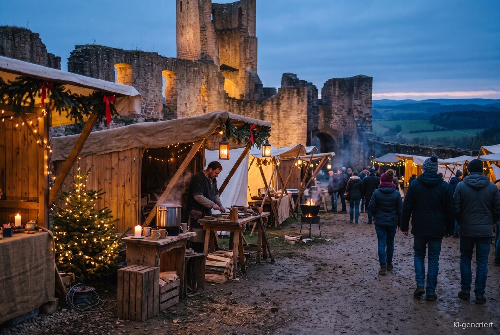 Weihnachtsmarkt-Atmosphäre am Abend – Symbolbild zu Mittelalter-Weihnachtsmarkt Burg Lichtenberg 2026