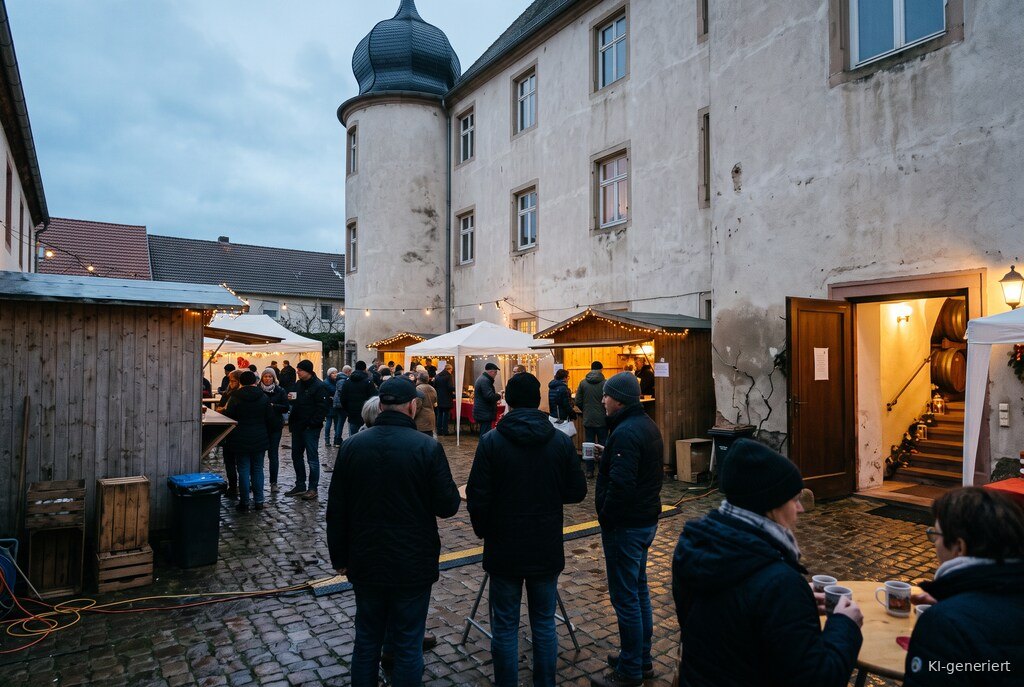 Weihnachtsmarkt im beleuchteten Schlossinnenhof mit Holzständen und Lichterketten am Abend
