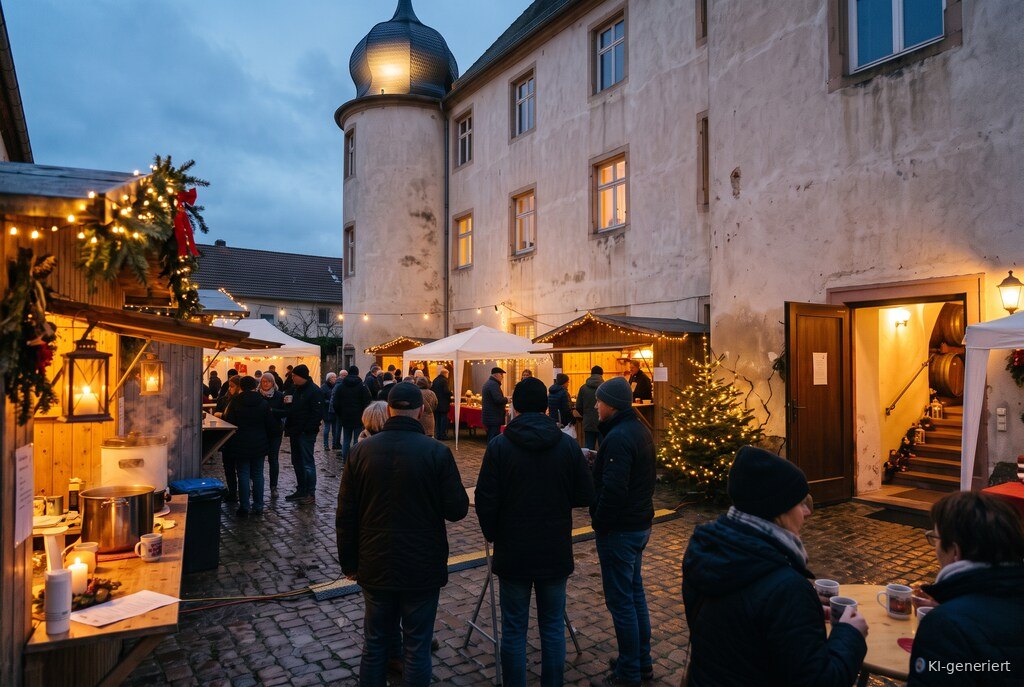 Weihnachtsmarkt im beleuchteten Schlossinnenhof mit Holzständen und Lichterketten am Abend