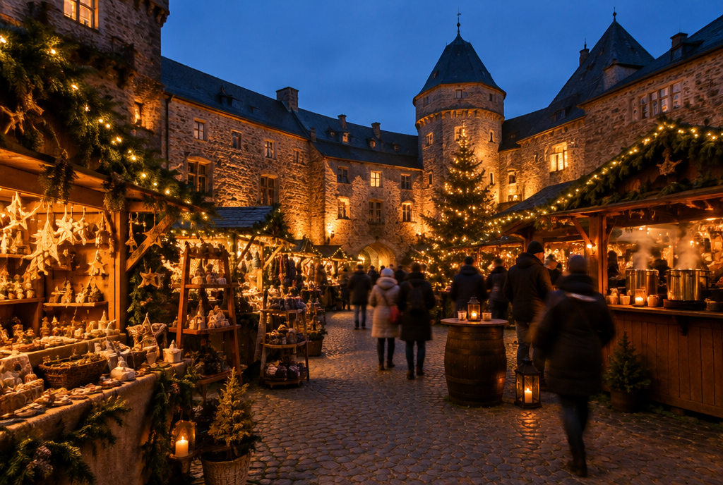 Weihnachtsmarkt im beleuchteten Schlossinnenhof mit Holzständen und Lichterketten am Abend – KI-generiertes Symbolbild zum Weihnachtlichen Karolinenmarkt Bad Bergzabern